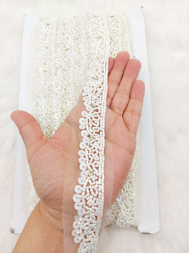 White Net Bridal Trim In White Beaded Embroidery, Hand Embroidered Bead Lace, Embroidered Lace